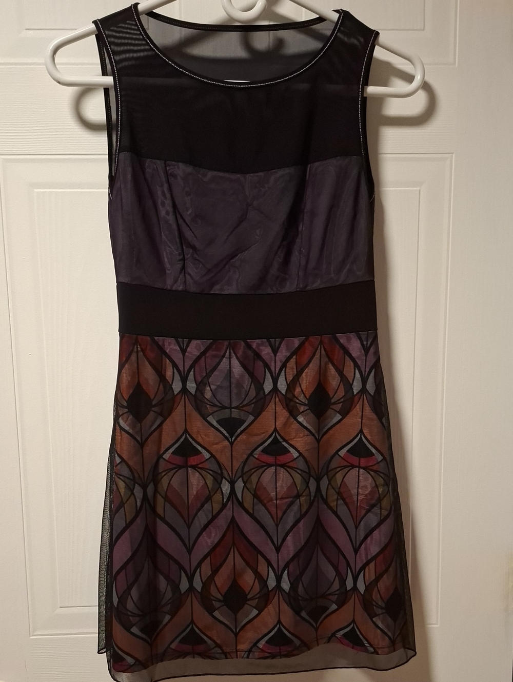 Sleeveless Midi Dress in Purple and Black with Patterned Skirt